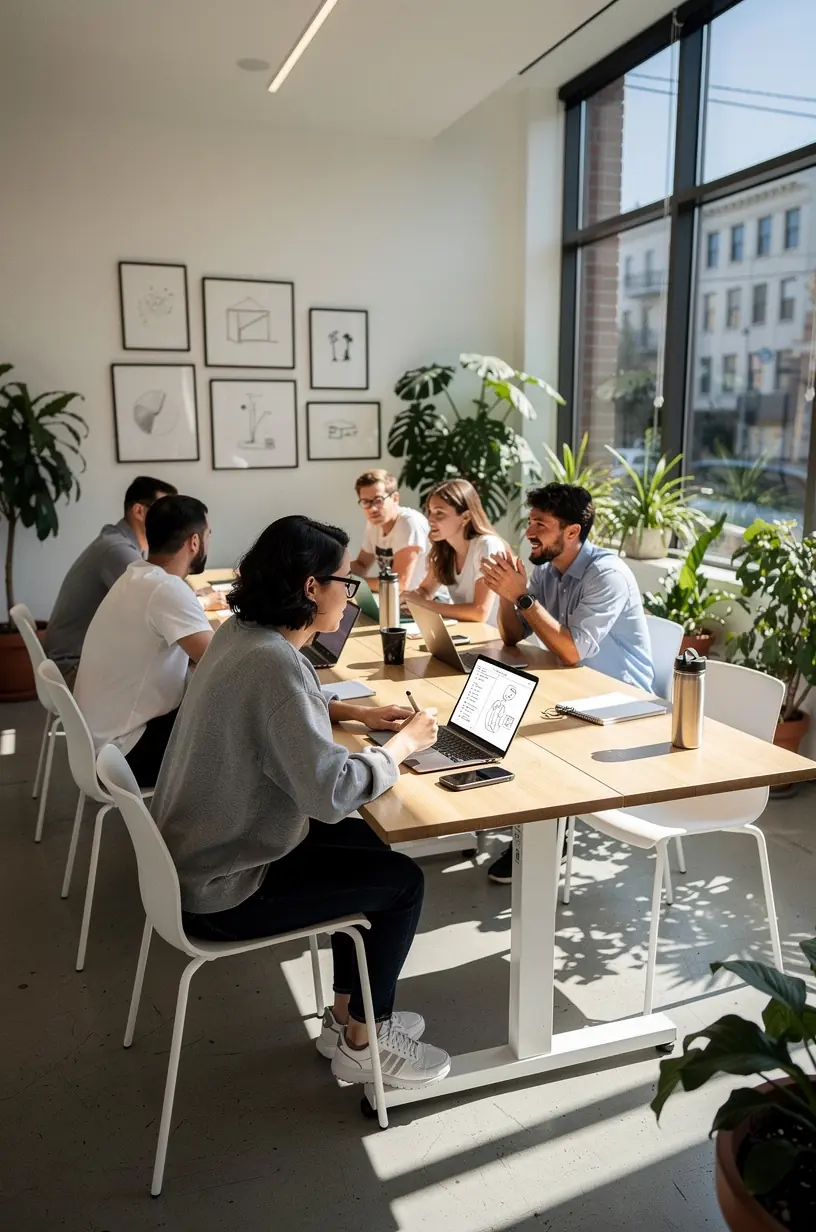 Close-up of a minimalist workspace featuring a clean desk with a laptop and a single notebook.